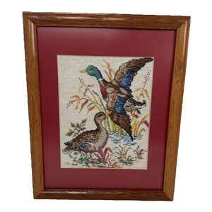 VTG Handmade Mallard Ducks Cross-Stitch Matted Wood Frame Estate Sale Find